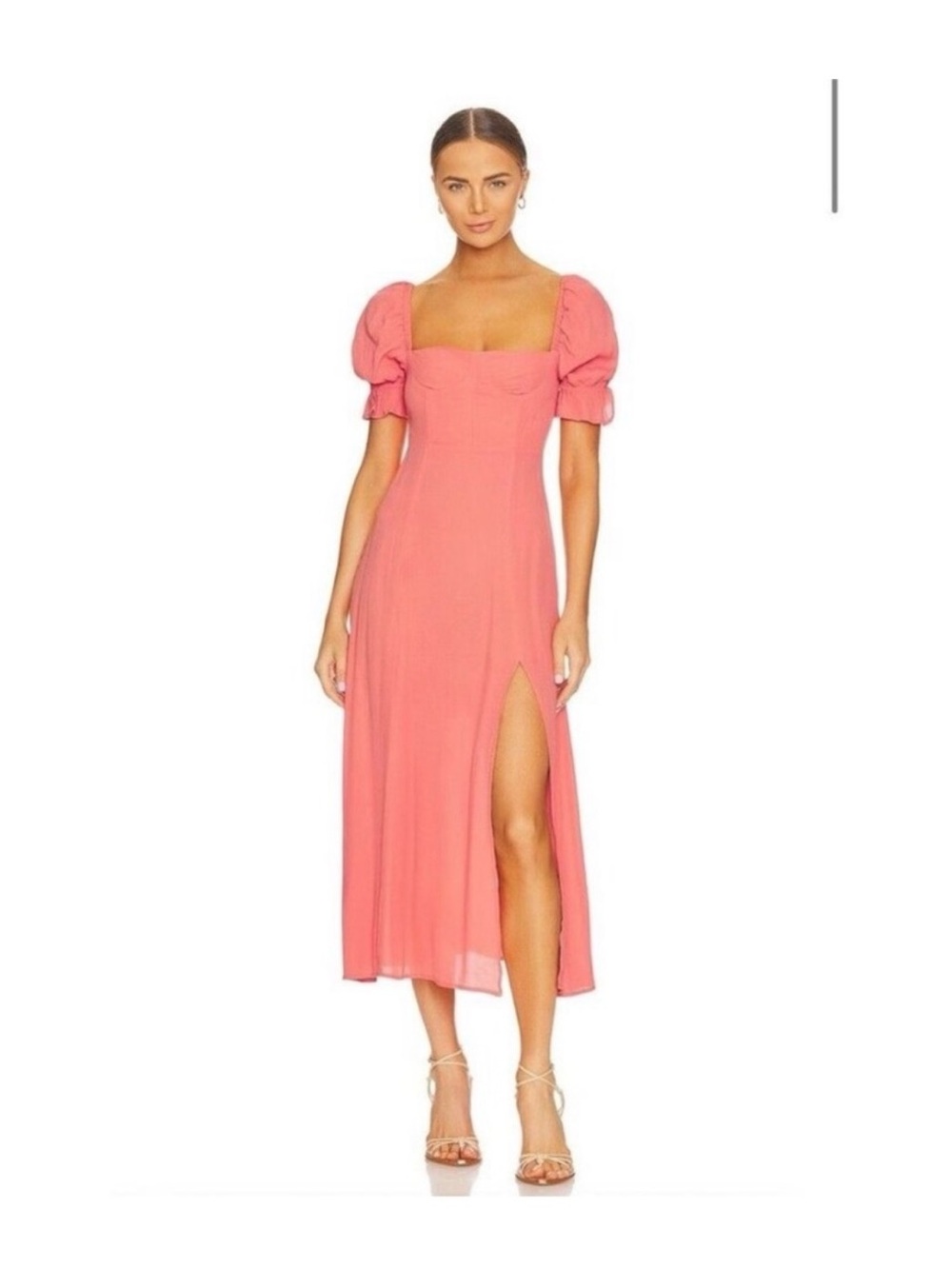 Who What Wear Coral Pink Puff-Sleeve Midi Dress with Side Slit